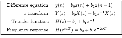 \fbox{
\begin{tabular}{rl}
Difference equation: & $y(n) = b_0x(n) + b_1x(n - 1)$...
...requency response: & $H(e^{j\omega T}) = b_0 + b_1e^{-j\omega T}$
\end{tabular}}