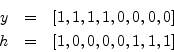 \begin{eqnarray*}
y&=&[1,1,1,1,0,0,0,0] \\
h&=&[1,0,0,0,0,1,1,1]
\end{eqnarray*}